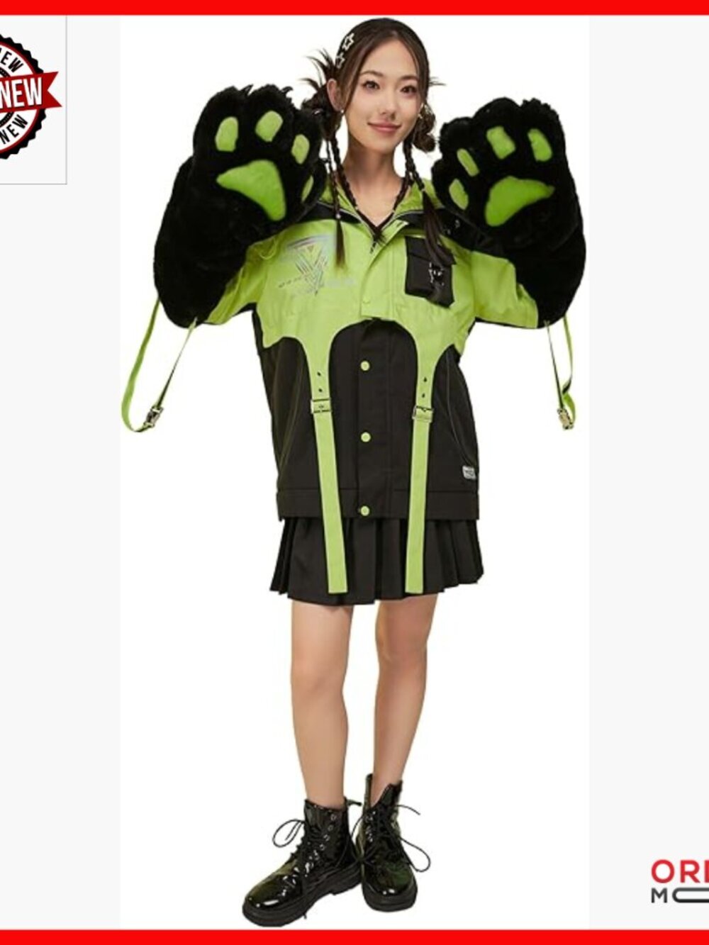 Motorcycle Cat Hooded Crop Top Skirt Set with Detachable Paw Gloves